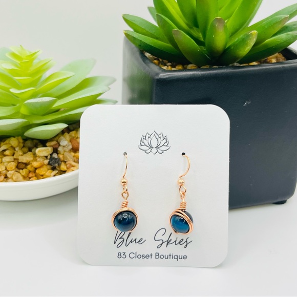 Rose Gold Blue Tigers Eye Earrings - Picture 8 of 8